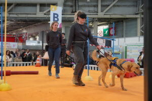 Mélissa, monitrice à l’École de Chiens Guides, sous bandeau, guidée par son chien au Salon de l’Agriculture 2026.
