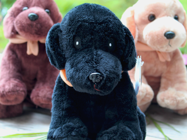 Grande peluche en forme de labrador noir, chocolat et sable