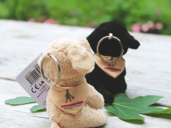 Porte clef avec une petite peluche noir en forme de chien avec un dossard "Chiens Guides de Paris"