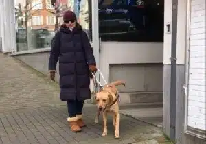 Andréa est guidée dans les rues par son chien guide, Ossli