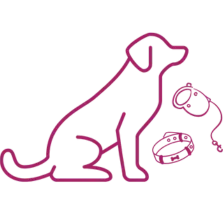 pictogramme d'un chien assis avec une laisse et un collier